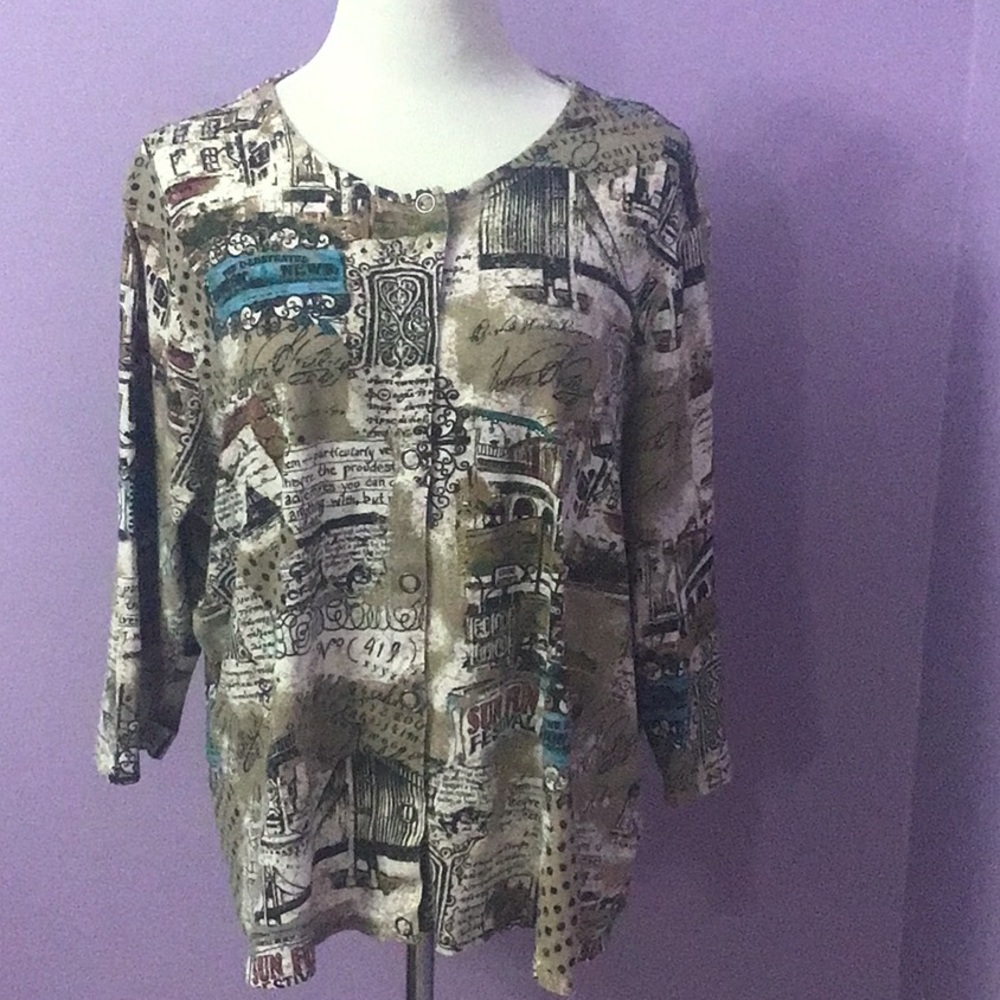 Women’s Plus 2X Onque Women European City Theme Blue/Tan Cropped Top 3/4 sleeve